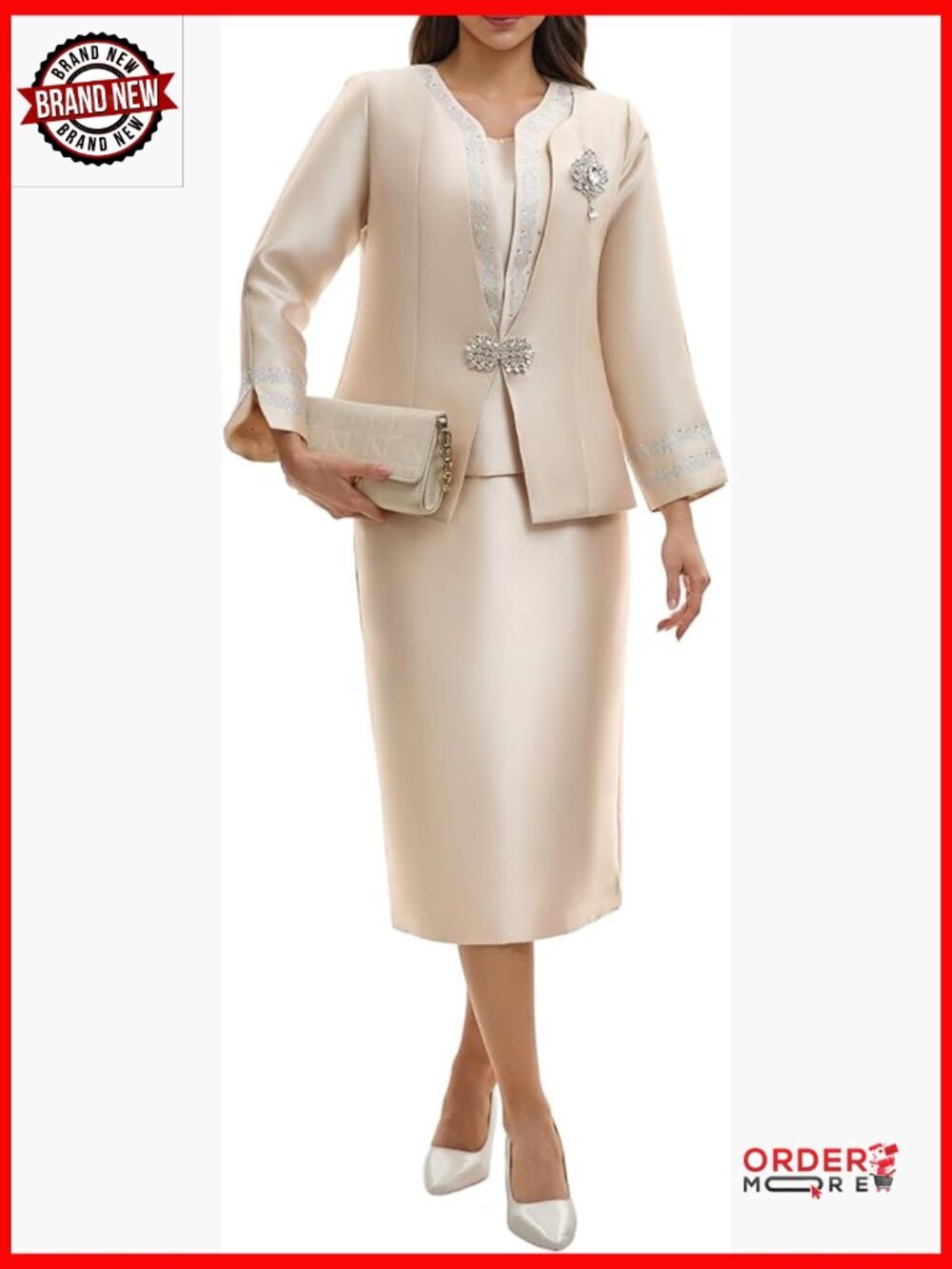 Formal 3-Piece Suit Set Rhinestone Trim Elegant Dress Mother Bride Wedding